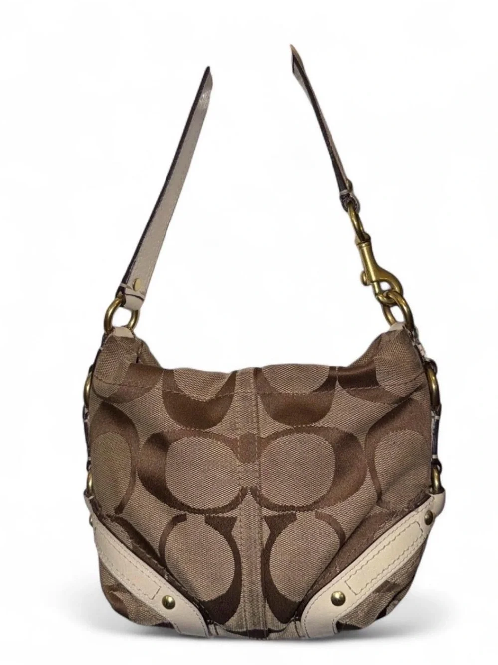 Coach Mini Shoulder Bag in Brown and Cream Signature Jacquard